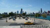 A view of the museum campus and Chicago skyline from the steps of the Adler Planetarium