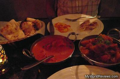 Aloo Gobhi, Chicken Tikka Masala, and Nan Bread