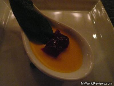 Pumpkin panicotta, deep fried bay leaf, cranberry