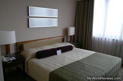 The bed in the hotel room