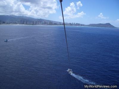 Waikiki Beach and Diamond Head Crater from the air, while parasailing