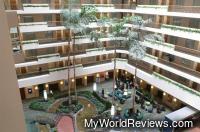 Looking down at the atrium area where breakfast/snacks are served