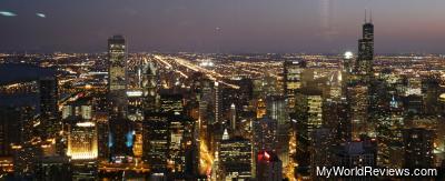 A night-time view of the Chicago downtown from the Hancock Observatory