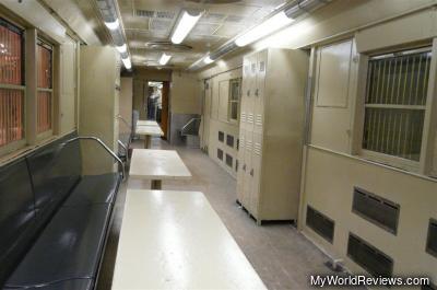 Inside one of the old cars used to collect fare money from stations