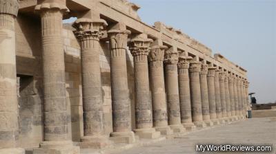 A courtyard with pillars inside Philae Temple