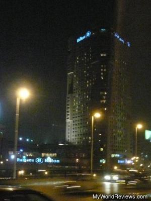 A view of the hotel at night