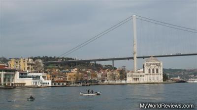 A view of a bridge from the boat
